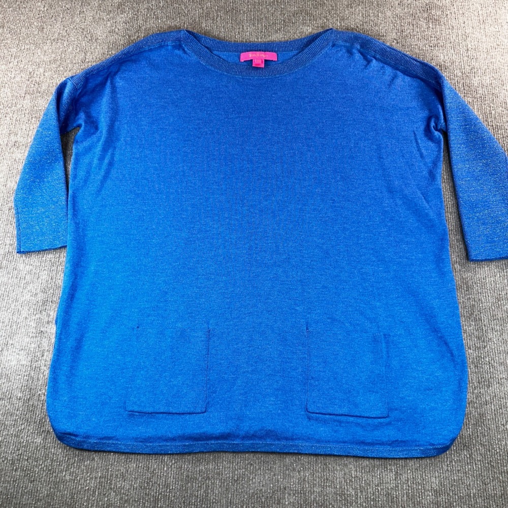 Lilly Pulitzer Womens Blue Metallic Knit Oversized Sweater 3/4 Sleeve Pockets XS